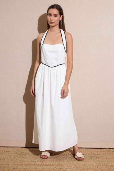 VESTIDO LARGO HALTER BLANCO CON DETALLES EN CONTRASTE FBZMA1177