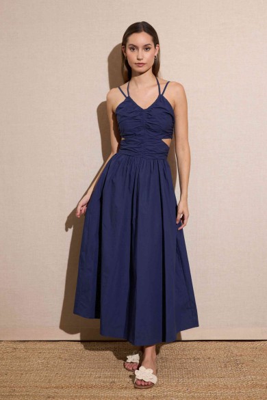 VESTIDO MIDI FRUNCIDO CON ABERTURAS LATERALES COLOR AZUL MARINOFBZMR22274