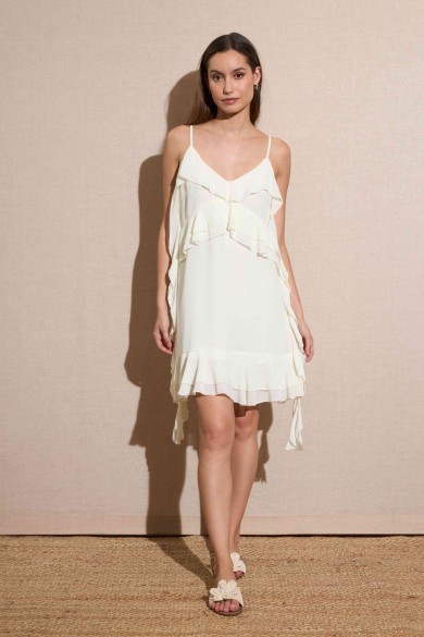 VESTIDO CORTO DE TIRANTES CON VOLANTES ASIMÉTRICOS COLOR MARFIL FBZMR22306