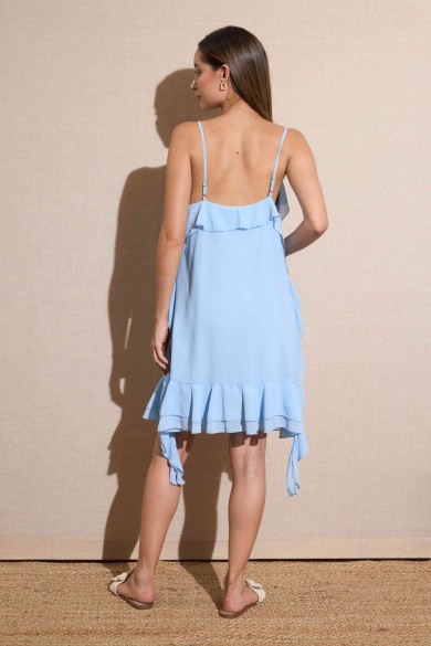 VESTIDO CORTO DE TIRANTES CON VOLANTES ASIMÉTRICOS COLOR AZUL CIELO FBZMR22307