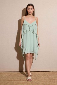 VESTIDO CORTO DE TIRANTES CON VOLANTES ASIMÉTRICOS COLOR VERDE MENTA FBZMR22308