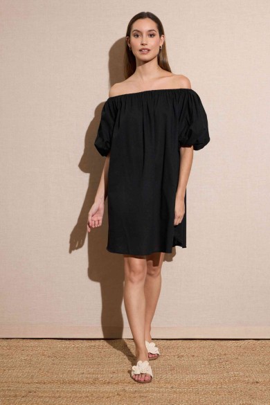 VESTIDO CORTO CON ESCOTE BARCO Y MANGAS ABULLONADAS COLOR NEGRO FBZMR22199