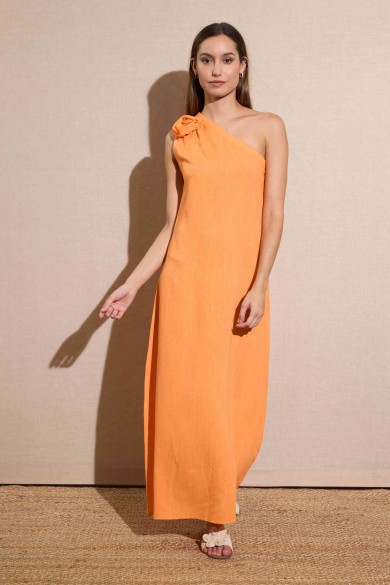 VESTIDO LARGO ASIMÉTRICO CON LAZO EN EL HOMBRO NARANJA VIBRANTE FBZMR22193
