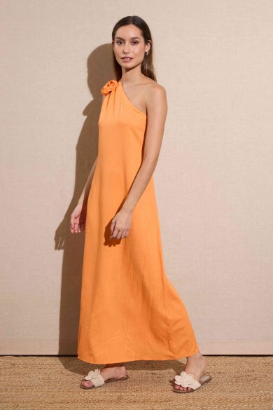 VESTIDO LARGO ASIMÉTRICO CON LAZO EN EL HOMBRO NARANJA VIBRANTE FBZMR22193
