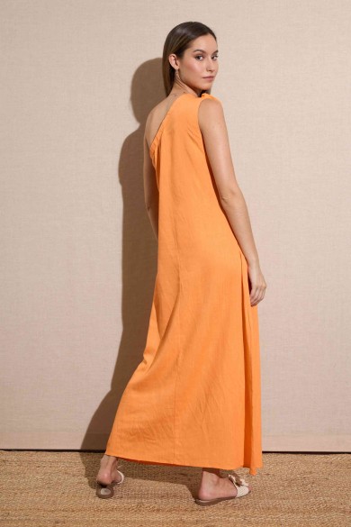 VESTIDO LARGO ASIMÉTRICO CON LAZO EN EL HOMBRO NARANJA VIBRANTE FBZMR22193