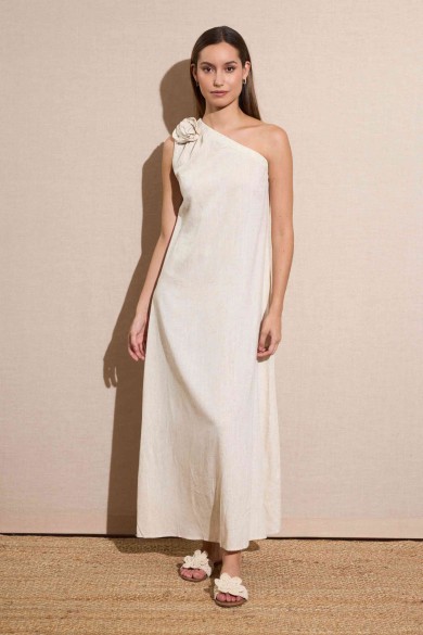 VESTIDO LARGO ASIMÉTRICO CON LAZO EN EL HOMBRO BEIGE NATURAL FBZMR22195