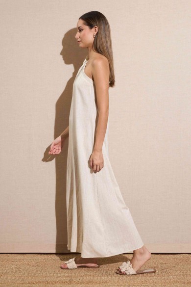 VESTIDO LARGO ASIMÉTRICO CON LAZO EN EL HOMBRO BEIGE NATURAL FBZMR22195