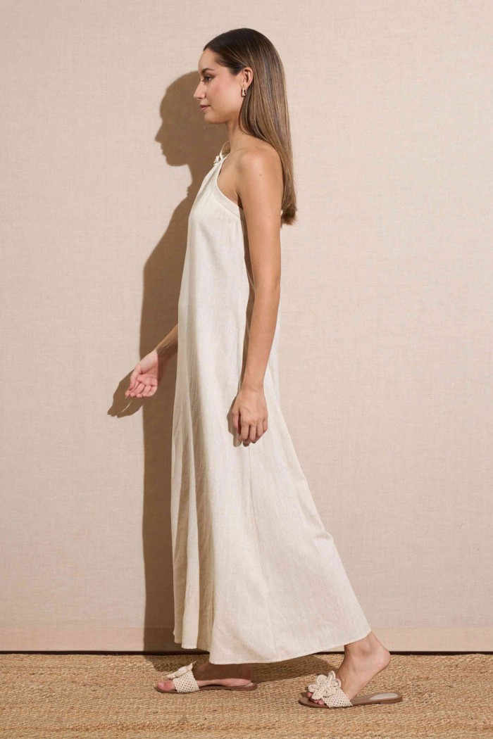 VESTIDO LARGO ASIMÉTRICO CON LAZO EN EL HOMBRO BEIGE NATURAL FBZMR22195