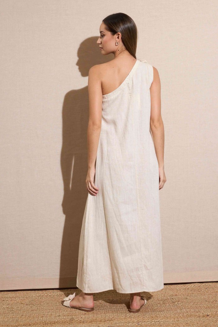 VESTIDO LARGO ASIMÉTRICO CON LAZO EN EL HOMBRO BEIGE NATURAL FBZMR22195