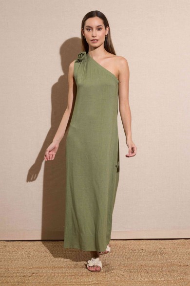 VESTIDO LARGO ASIMÉTRICO CON LAZO EN EL HOMBRO VERDE OLIVA FBZMR22194
