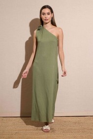 VESTIDO LARGO ASIMÉTRICO CON LAZO EN EL HOMBRO VERDE OLIVA FBZMR22194