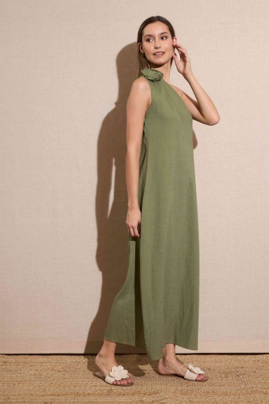 VESTIDO LARGO ASIMÉTRICO CON LAZO EN EL HOMBRO VERDE OLIVA FBZMR22194