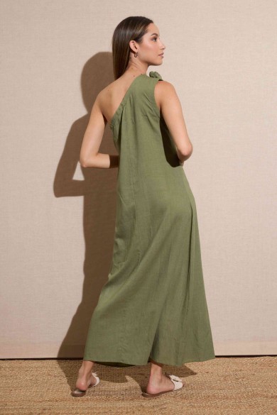 VESTIDO LARGO ASIMÉTRICO CON LAZO EN EL HOMBRO VERDE OLIVA FBZMR22194