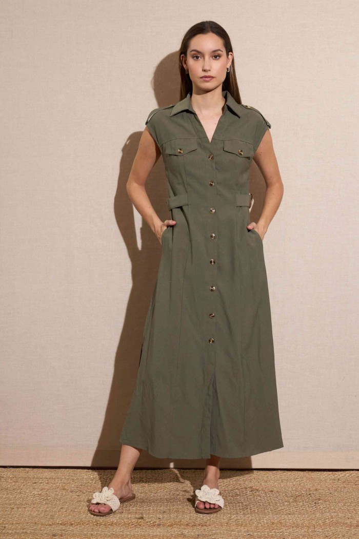 VESTIDO MIDI ESTILO SAFARI CON BOTONES VERDE MILITAR FBZMA1597