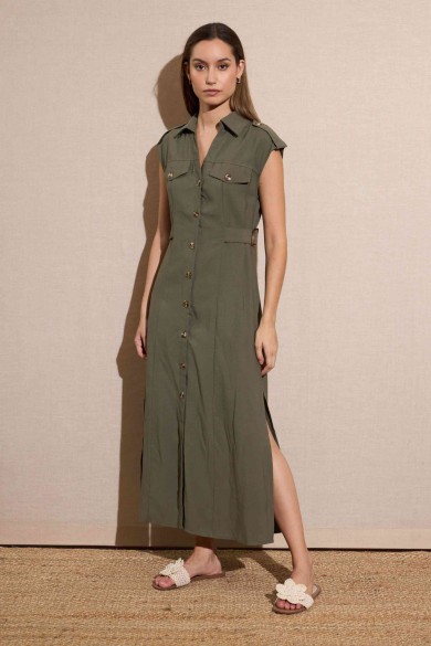 VESTIDO MIDI ESTILO SAFARI CON BOTONES VERDE MILITAR FBZMA1597