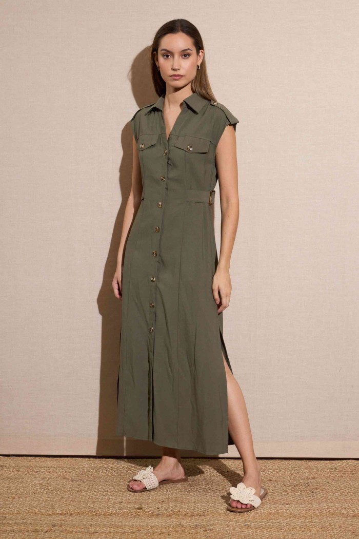 VESTIDO MIDI ESTILO SAFARI CON BOTONES VERDE MILITAR FBZMA1597