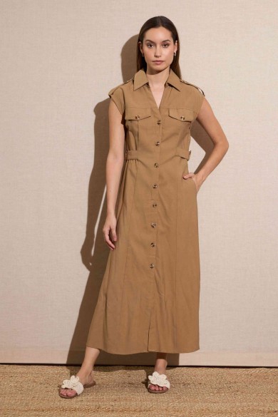 VESTIDO MIDI ESTILO SAFARI CON BOTONES COLOR CAMEL FBZMA1596