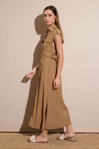 VESTIDO MIDI ESTILO SAFARI CON BOTONES COLOR CAMEL FBZMA1596