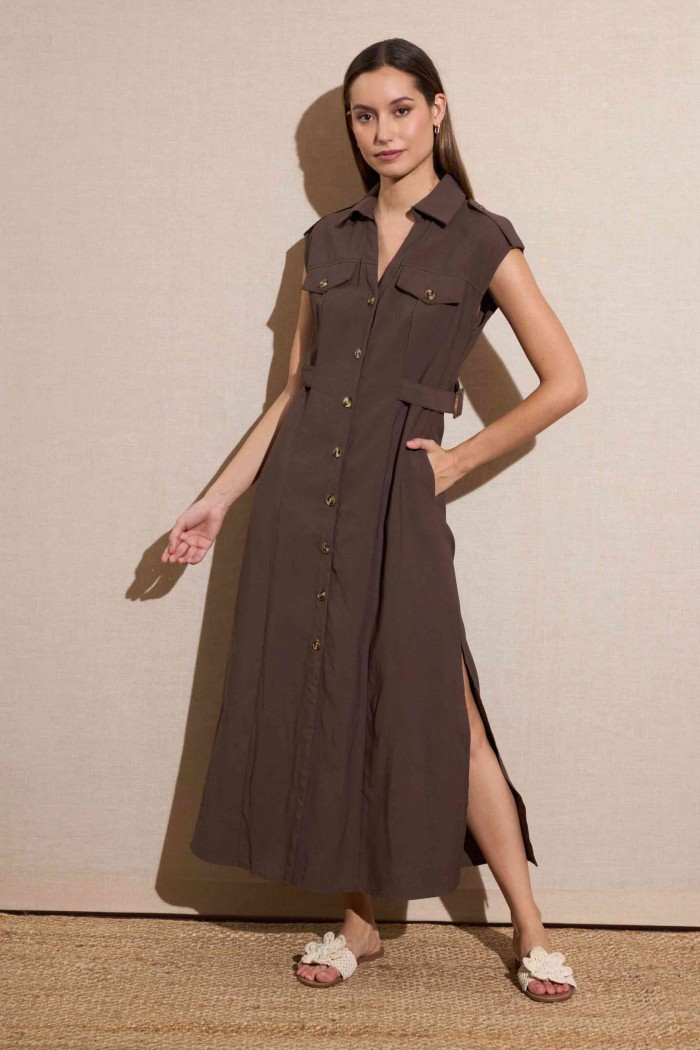 VESTIDO MIDI ESTILO SAFARI CON BOTONES COLOR CHOCOLATE FBZMA1598