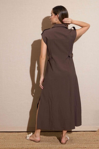 VESTIDO MIDI ESTILO SAFARI CON BOTONES COLOR CHOCOLATE FBZMA1598