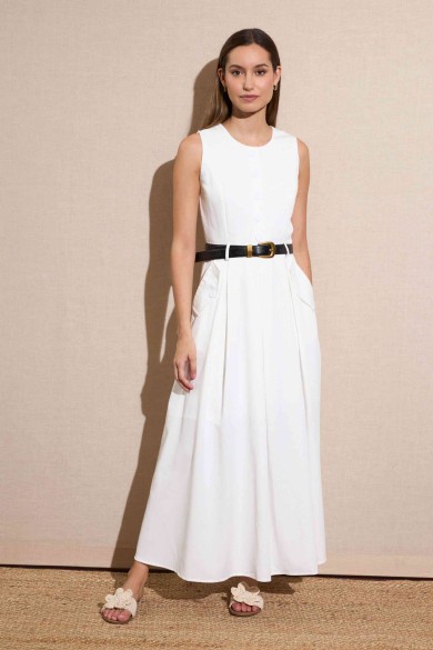 VESTIDO MIDI SIN MANGAS CON CINTURÓN COLOR BLANCO FBZMA1313