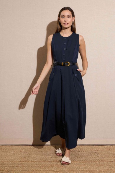 VESTIDO MIDI SIN MANGAS CON CINTURÓN COLOR AZUL MARINO FBZMA1316