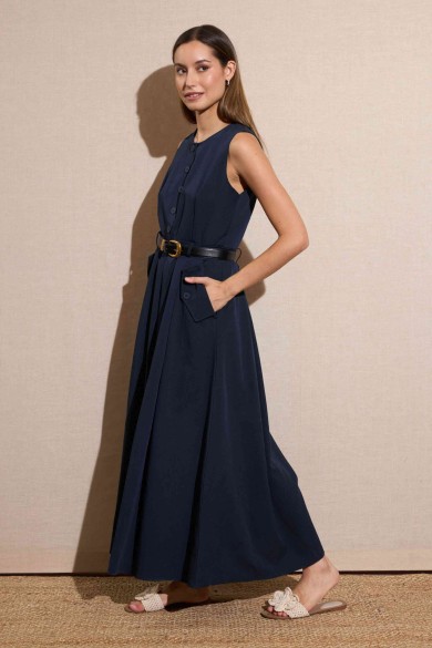VESTIDO MIDI SIN MANGAS CON CINTURÓN COLOR AZUL MARINO FBZMA1316