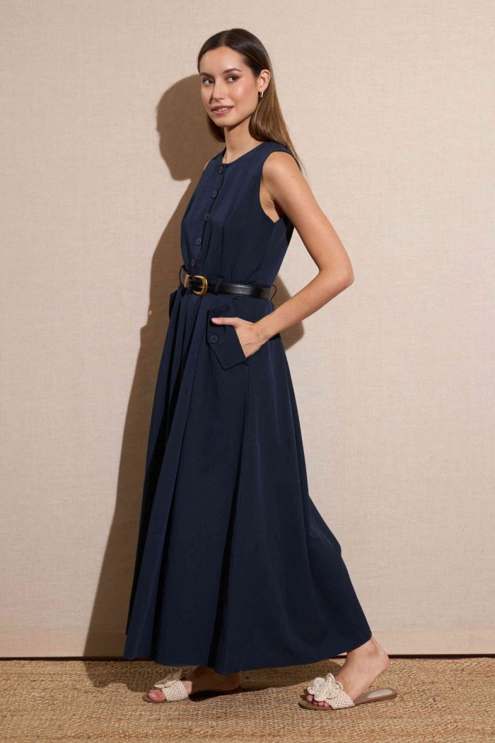 VESTIDO MIDI SIN MANGAS CON CINTURÓN COLOR AZUL MARINO FBZMA1316