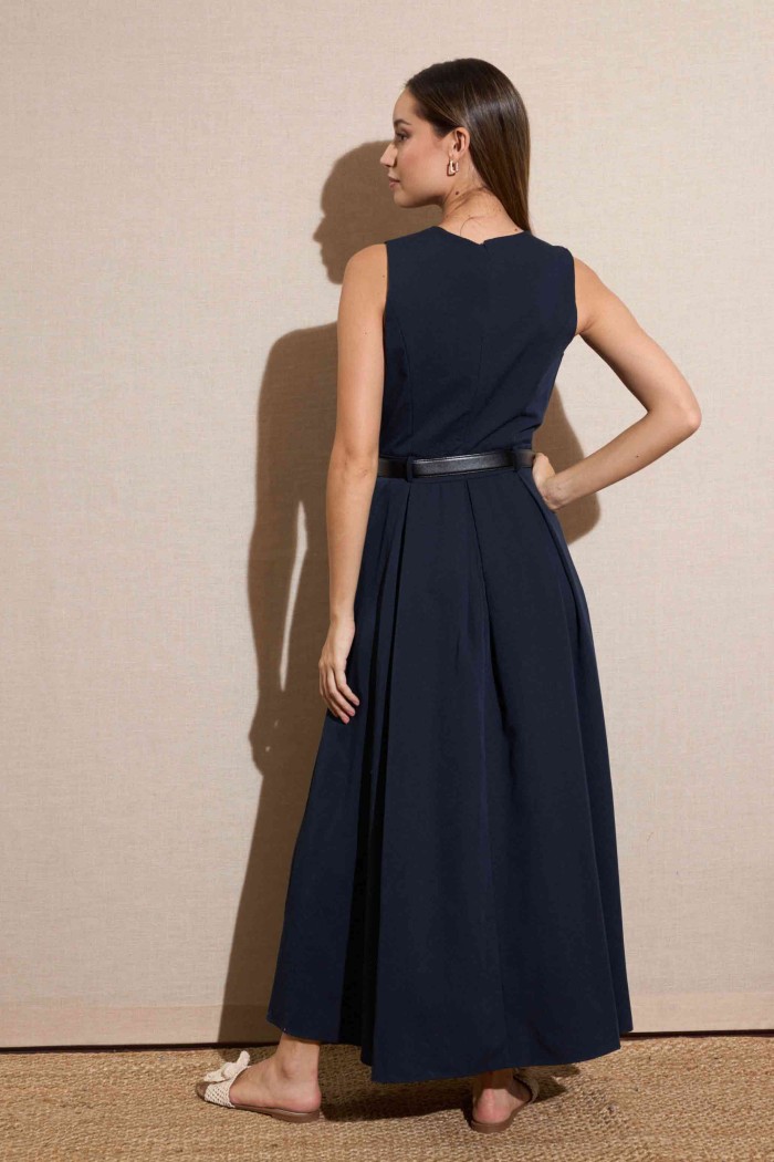 VESTIDO MIDI SIN MANGAS CON CINTURÓN COLOR AZUL MARINO FBZMA1316