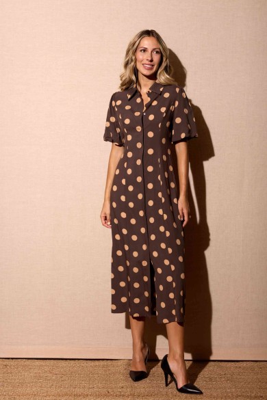 VESTIDO MARRÓN LUNARES MANGA CORTA Y CORTE MIDI FBZMR22387