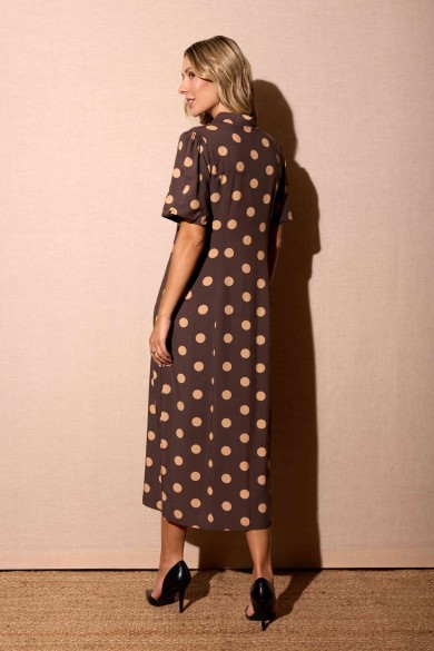 VESTIDO MARRÓN LUNARES MANGA CORTA Y CORTE MIDI FBZMR22387