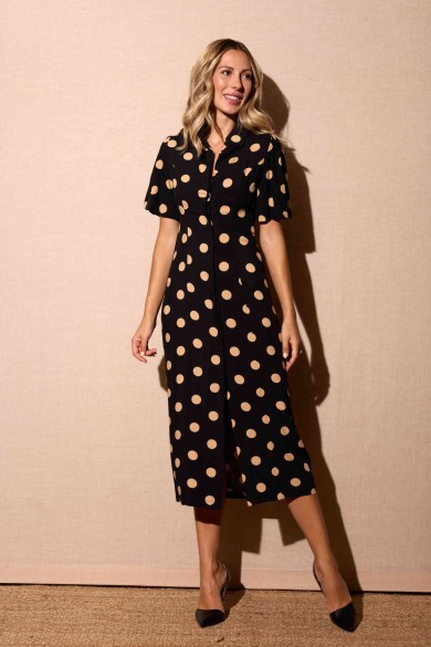 VESTIDO NEGRO DE LUNARES CON MANGA CORTA Y CORTE MIDI FBZMR22295