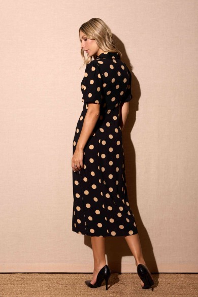 VESTIDO NEGRO DE LUNARES CON MANGA CORTA Y CORTE MIDI FBZMR22295