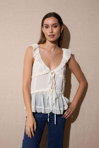BLUSA BLANCA CON VOLANTES Y LAZOS DELANTEROS FBZMR22270