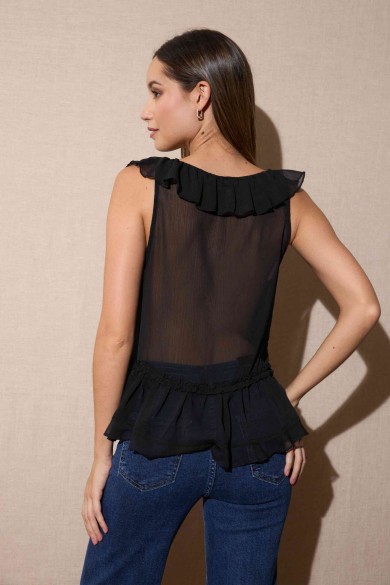 BLUSA NEGRA CON VOLANTES Y LAZOS DELANTEROS FBZMR22196